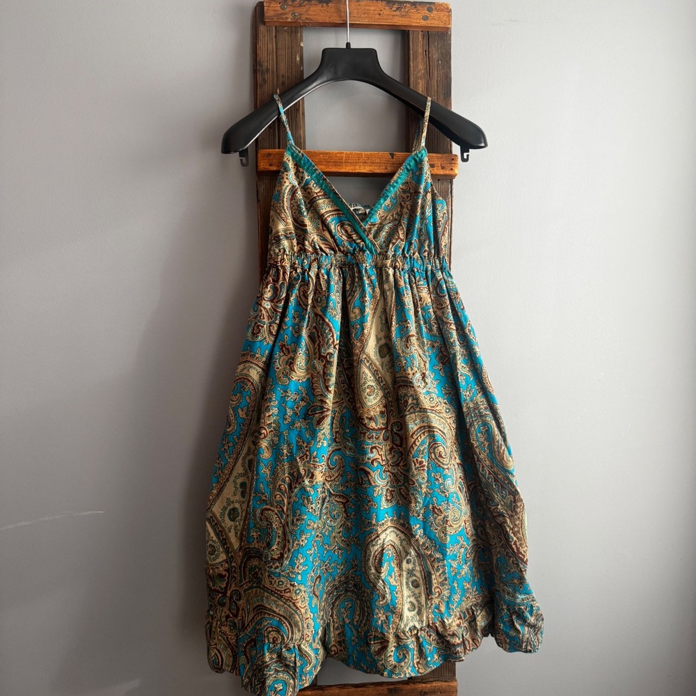 Y2K Paisley Womens Babydoll Turquoise Sundress Boho Midi Sz L Festival Granola